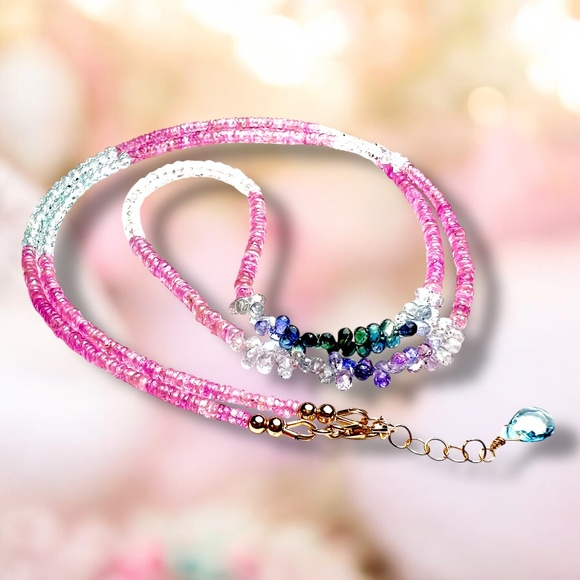 14K Gold Gemstone Wrap Bracelet Necklace: Moonstone, Sapphire, Aquamarine - Picture 3 of 13